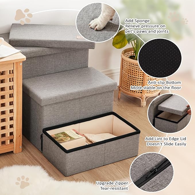 Love's cabin Dog Stairs for High Bed 18"H,Foldable Pet Stairs for Small Medium or Large Dogs Puppy with Storage for Bed or Couch, Cat Dog Steps Ramp with Zip up to 210 lbs(Solid Grey,3 Steps no Condo)