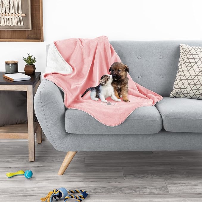 PETMAKER Waterproof Pet Blanket - 30x40-Inch Reversible Sherpa Fleece Throw Protects Couches, Cars, and Beds from Spills, Stains, and Fur (Pink)