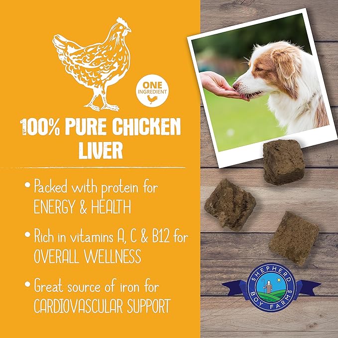 Freeze Dried Dog and Cat Treats, Chicken Liver, All Natural Single Ingredient Freeze-Dried Dog Treat & Dog Snacks, Made in USA, High Protein, Essential Nutrition Raw Dog Food, 3oz