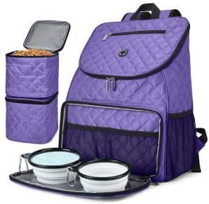 BAGLHER Dog Travel Bag Airline Approved Pet Supplies Backpack, Dog Travel Backpack with 2 Silicone Collapsible Bowls and 2 Food Baskets Purple