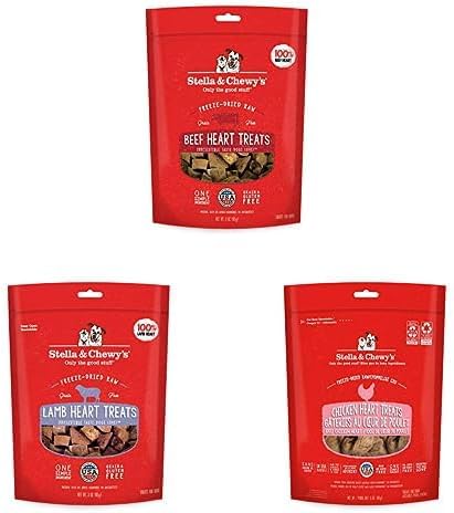 Stella & Chewy's Freeze-Dried Single Ingredient Heart Treats Bundle (Beef Heart, Chicken Heart, Lamb Heart), 3 oz Bags