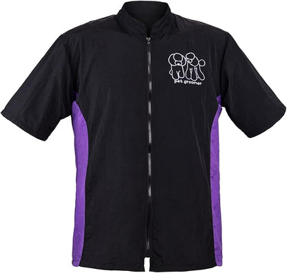 Noverlife Short Sleeves Pet Grooming Workwear With Full Zipper, XL Size, Anti-Static Beautician Smock, Lightweight Groomer Cosmetologist Uniforms Style Dog Cat Jacket for Men Women