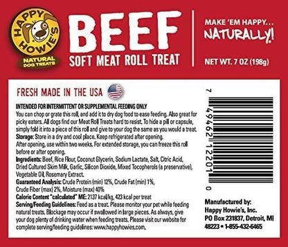 Happy Howie's Soft Meat Roll Treat - Soft Dog Food Beef Rolls, High Protein, Natural Ingredients, for All Dogs, Made in USA - Beef, 12 Oz (Pack of 1)