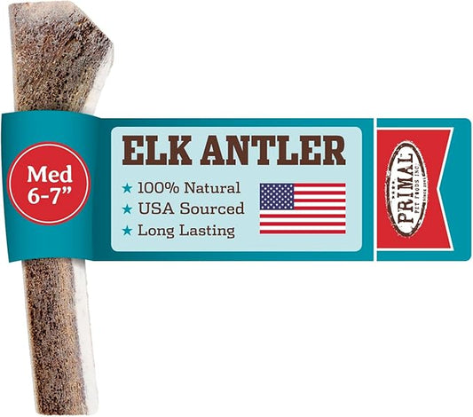 Primal Antlers for Dogs - Grade A Split Elk Antlers for Medium Dogs 15-30 lb - Natural Dog Chews for Aggressive Chewers - Naturally Shed Antlers - Long Lasting Dog Bones - 1 ct