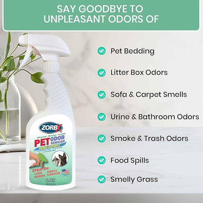 ZORBX Unscented Pet Odor Remover Spray 16 FL Oz - Perfume Free Strong Litter Odor Remover - Advanced Odor Control for Carpet, Bathroom & Urine Odors - Fast Acting Odor Remover Spray for Dogs & Cats