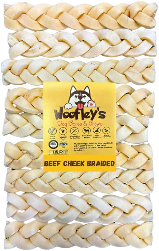 Woofley's 6" Buffalo Beef Cheek Braids Regular - (20 Count)- Beef Cheek Dog Chews - No Hide Bones for Dogs