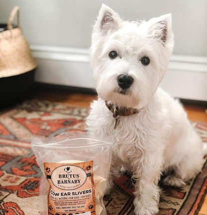 BRUTUS & BARNABY Cow Ears for Dogs; Ear Slivers are Great for Puppy Teething, Single Ingredient Beef Ear Slivers for Small to Medium Size Dogs (250grams)