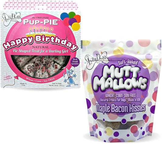 The Lazy Dog Cookie Co. - Original Pup-Pie - Happy Birthday Dog Treat for a Darling Girl with Bag of 5oz Bacon Flavor Mutt Mallows