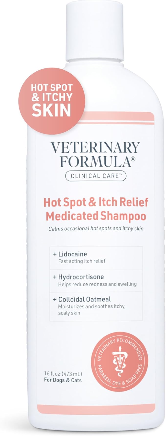 Veterinary Formula Clinical Care Hot Spot & Itch Relief Medicated Shampoo for Dogs and Cats 16oz – Helps Alleviate Sensitive Skin, Scratching, and Licking of Coat
