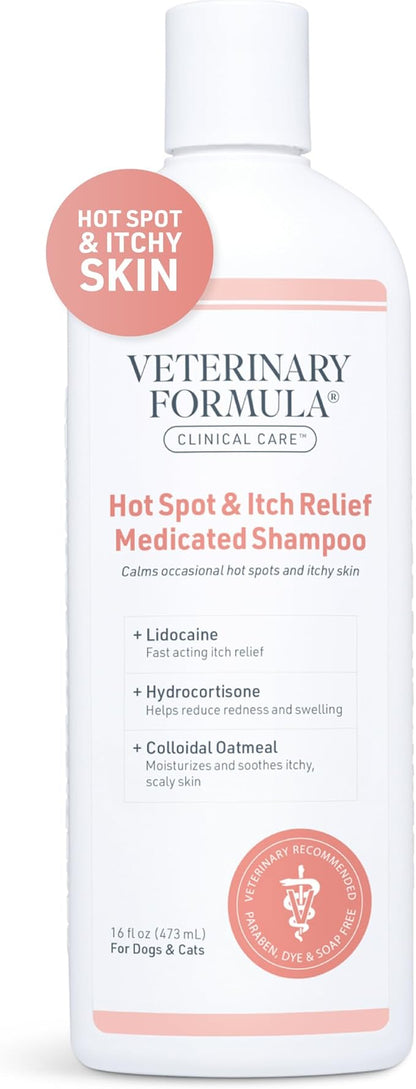 Veterinary Formula Clinical Care Hot Spot & Itch Relief Medicated Shampoo for Dogs and Cats 16oz – Helps Alleviate Sensitive Skin, Scratching, and Licking of Coat