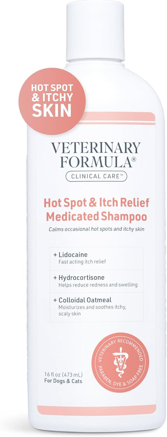 Veterinary Formula Clinical Care Hot Spot & Itch Relief Medicated Shampoo for Dogs and Cats 16oz – Helps Alleviate Sensitive Skin, Scratching, and Licking of Coat