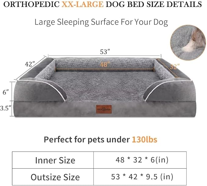 Cooling Dog Bed, Orthopedic Memory Foam Dog Bed for Giant Dogs, XXL Dog Bed for Extra Large Dogs, Waterproof Dog Bed with Bolster & Removable Cover(XX-Large,Silver Grey)
