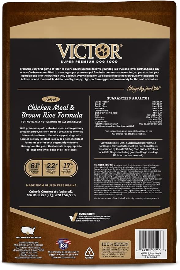 Victor Super Premium Dog Food – Chicken Meal & Brown Rice Formula - Dry Dog Food for All Normally Active Dogs of All Life Stages – Ideal for Dogs with Meat Protein Allergies, 5 lb