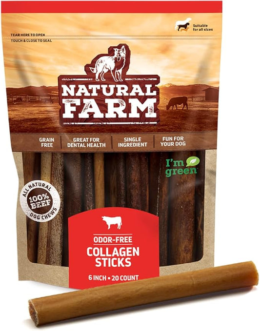 Natural Farm Collagen Sticks (6 Inch, 20 Pack). Odor-Free, 95% Natural Collagen Dog Chews, Supports Healthy Joints, Skin & Coat - Best Rawhide Alternative for Small & Medium Dogs