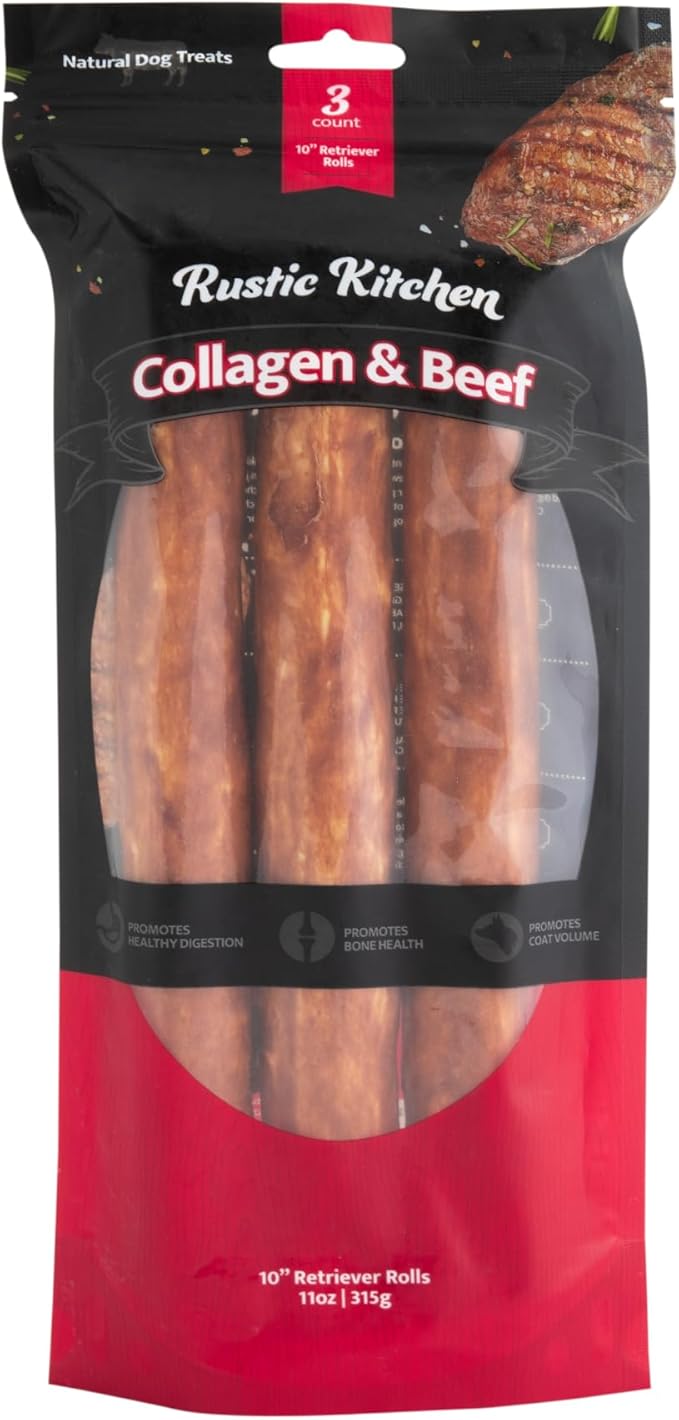 Rustic Kitchen Real Beef Collagen Sticks for Dogs, Collagen Retriever Roll 10" - 3ct, Dog Chews Long Lasting, Rawhide Free for All Dog Breeds