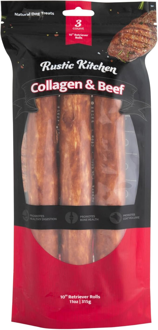 Rustic Kitchen Real Beef Collagen Sticks for Dogs, Collagen Retriever Roll 10" - 3ct, Dog Chews Long Lasting, Rawhide Free for All Dog Breeds