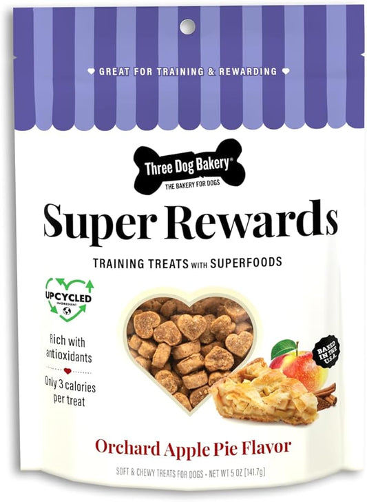 Three Dog Bakery Super Rewards with Superfoods Orchard Apple Pie Treats, 8oz - Soft Dog Training Treats, Dog & Puppy Treats, Dog Chews, Resealable Pouch