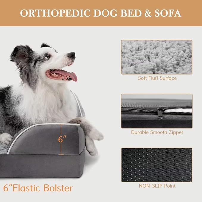 Cooling Dog Bed, Orthopedic Memory Foam Dog Bed for Giant Dogs, XXL Dog Bed for Extra Large Dogs, Waterproof Dog Bed with Bolster & Removable Cover(XX-Large,Silver Grey)