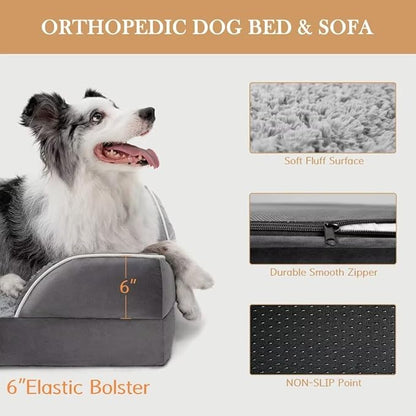 Cooling Dog Bed, Orthopedic Memory Foam Dog Bed for Giant Dogs, XXL Dog Bed for Extra Large Dogs, Waterproof Dog Bed with Bolster & Removable Cover(XX-Large,Silver Grey)