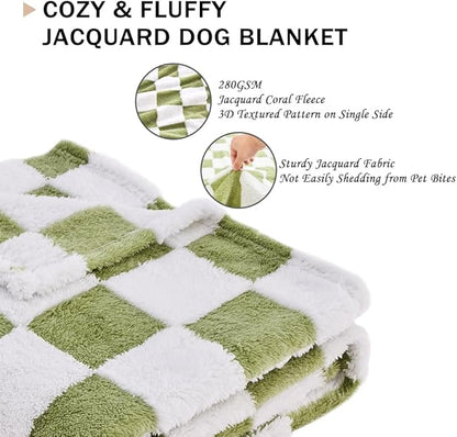 Qeils Jacquard Dog Blankets for Large Dogs, Cozy Calming Cat Blankets Washable, 280GSM Coral Fleece Plush Fluffy Throw Blanket, Sage Green Checkered, 30x40IN