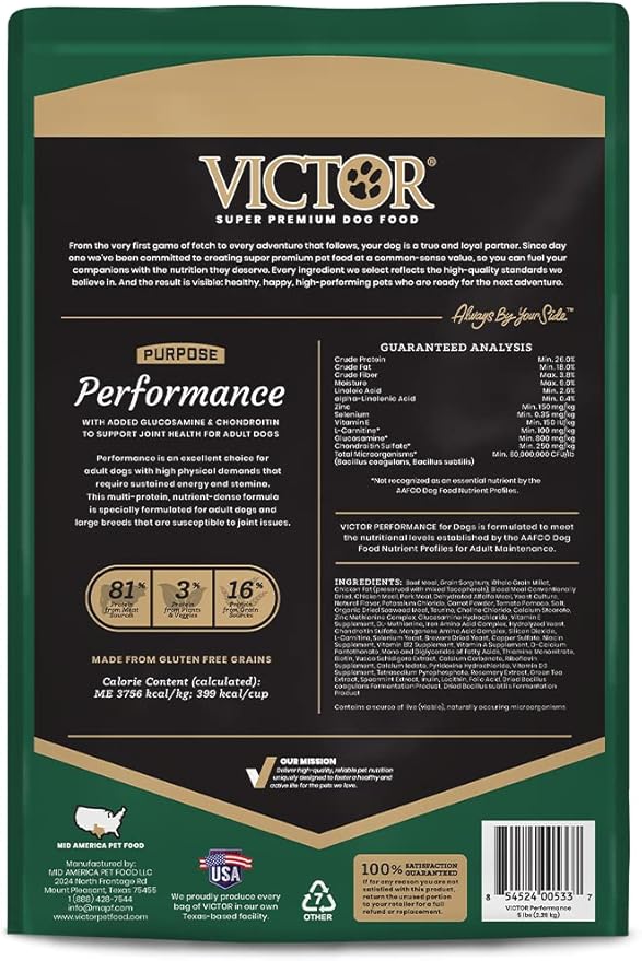 VICTOR Super Premium Dog Food – Performance Dry Dog Food – 26% Protein for Active Adult Dogs – Includes Glucosamine and Chondroitin for Hip and Joint Health, 5lbs