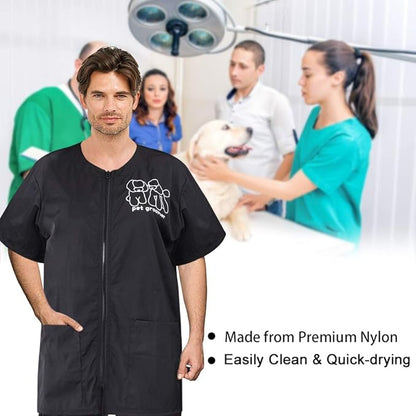 Noverlife Short Sleeves Pet Grooming Work Clothes with Full Zipper, XL Size, Splash Proof Anti-Static Pet Beautician Smock, Dog Cat Groomer Cosmetologist Uniforms for Pet Shop Men Women