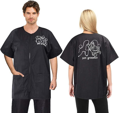 Noverlife Short Sleeves Pet Grooming Work Clothes with Full Zipper, XL Size, Splash Proof Anti-Static Pet Beautician Smock, Dog Cat Groomer Cosmetologist Uniforms for Pet Shop Men Women