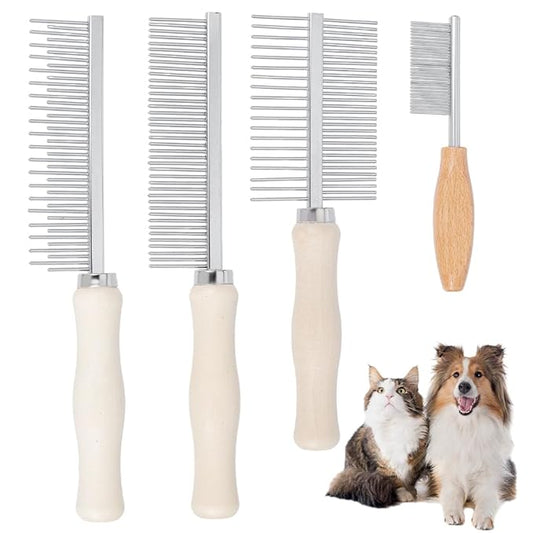 OLYCRAFT 4Pcs 4 Styles Wood Pet Combs Stainless Steel Pet Combs with Wood Handle Grooming Tool for Pets Macrame Fringe Combs Tassel Brush Pet Grooming Supplies for Pet Removing Tangles and Knots