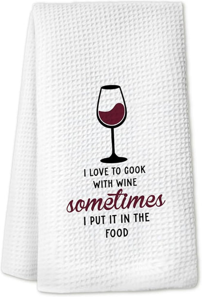 Red Wine Kitchen Towels, Gifts for Wines Lovers Women Dish Hand Towels for Kitchen Bar Cart, I Love to Cook with Wine Sometimes Decorative Bar Towels for Bartender, 16x34 Inch