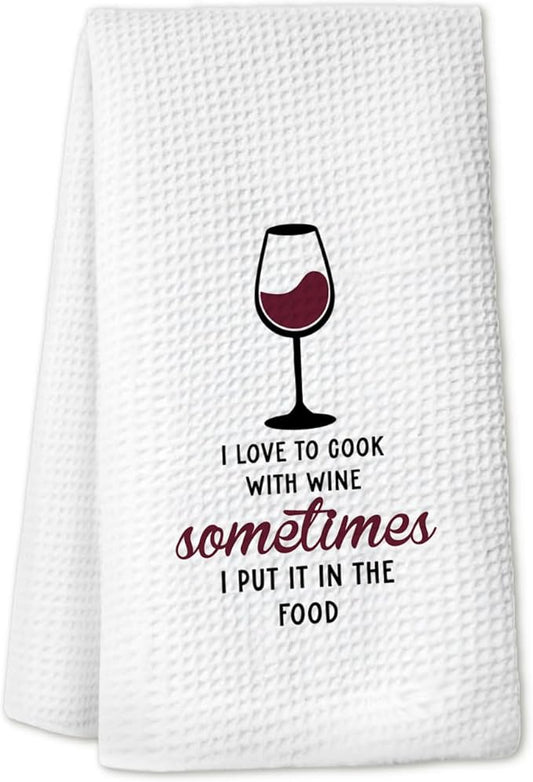Red Wine Kitchen Towels, Gifts for Wines Lovers Women Dish Hand Towels for Kitchen Bar Cart, I Love to Cook with Wine Sometimes Decorative Bar Towels for Bartender, 16x34 Inch