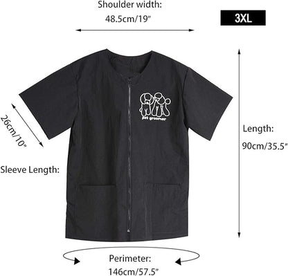 Noverlife Short Sleeves Pet Grooming Work Clothes with Full Zipper, 3XL Size, Splash Proof Anti-Static Pet Beautician Smock, Dog Cat Groomer Cosmetologist Uniforms for Pet Shop Men Women