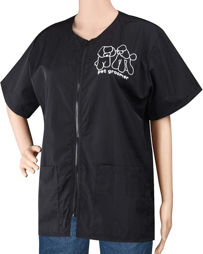Noverlife Short Sleeves Pet Grooming Work Clothes with Full Zipper, XL Size, Splash Proof Anti-Static Pet Beautician Smock, Dog Cat Groomer Cosmetologist Uniforms for Pet Shop Men Women
