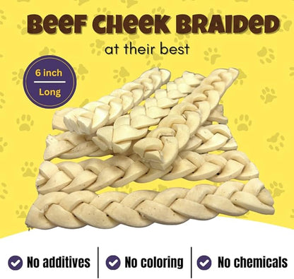 Woofley's 6" Buffalo Beef Cheek Braids Regular - (20 Count)- Beef Cheek Dog Chews - No Hide Bones for Dogs