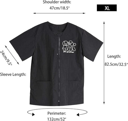 Noverlife Short Sleeves Pet Grooming Work Clothes with Full Zipper, XL Size, Splash Proof Anti-Static Pet Beautician Smock, Dog Cat Groomer Cosmetologist Uniforms for Pet Shop Men Women