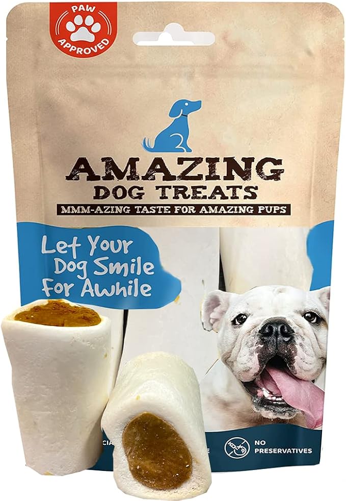 Amazing Dog Treats - Stuffed Shin Bone for Dogs (Peanut Butter, 3-4 Inch - 5 Count) - All Natural Dog Bones