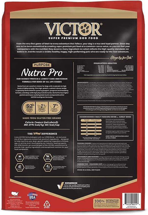 Victor Super Premium Dog Food – Purpose - Nutra Pro – Gluten Free, High Protein Low Carb Dry Dog Food for Active Dogs of All Ages – Ideal for Sporting Dogs, Pregnant or Nursing Dogs & Puppies, 15lbs