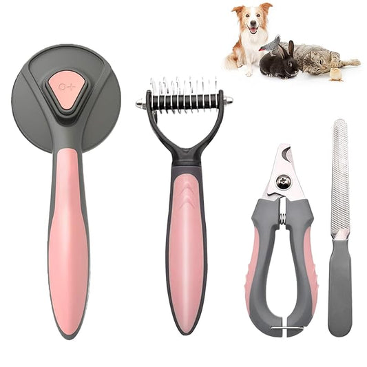 Pet Deshedding Brush Set, Undercoat Rake for Dogs & Cats - Double Sided Brush for Shedding and Dematting Comb Grooming Tool kit - Nail Clippers & Nail File Kit (4Pack) Pink