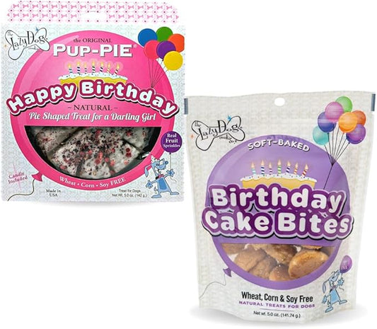 The Lazy Dog Cookie Co. - Original Pup-Pie - Happy Birthday Dog Treat for a Darling Girl with Bag of 5oz Birthday Cake Bite Mutt Mallows