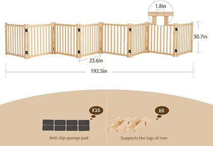 Ball & Cast 31" Wooden Freestanding Dog Gate with 360° Folding Hinges,8-Panel U/Z-Shaped Adjustable Pet Fence for Doorways & Stairs,Indoor Step-Over Barrier,Apartment,Living Room,Natural