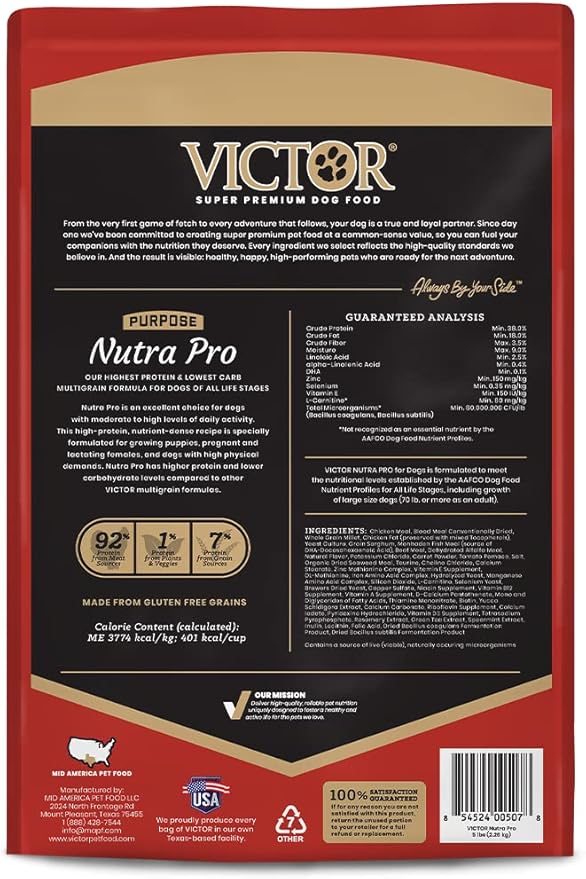 Victor Super Premium Dog Food – Purpose - Nutra Pro – Gluten Free, High Protein Low Carb Dry Dog Food for Active Dogs of All Ages – Ideal for Sporting Dogs, Pregnant or Nursing Dogs & Puppies, 5lbs