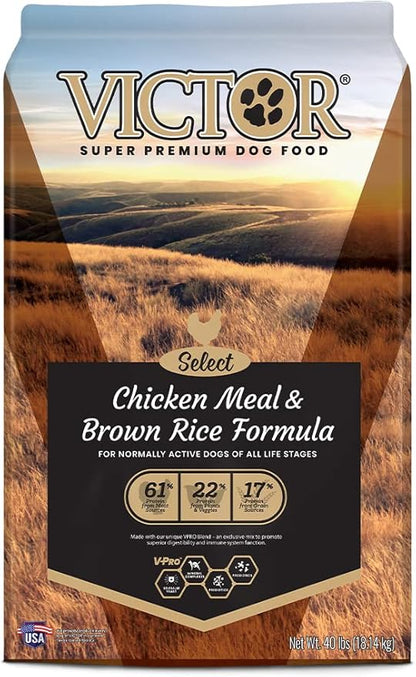 Victor Super Premium Dog Food – Chicken Meal & Brown Rice Formula - Dry Dog Food for All Normally Active Dogs of All Life Stages – Ideal for Dogs with Meat Protein Allergies, 40 lb