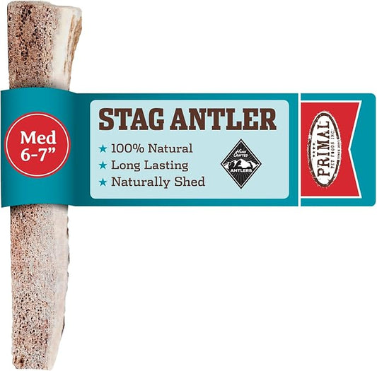 Primal Antlers for Dogs - Grade A Split Stag Antlers for Medium Dogs 15-30 lb - Natural Dog Chews for Aggressive Chewers - Naturally Shed Antlers - Long Lasting Dog Bones - 1 ct