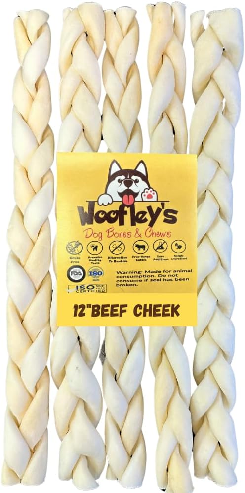 Woofley's 12" Buffalo Beef Cheek Braids - (5 Count)- Beef Cheek Dog Chews - No Hide Bones for Dogs