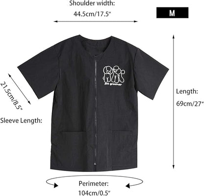 Noverlife Short Sleeves Pet Grooming Work Clothes with Full Zipper, M Size, Splash Proof Anti-Static Pet Beautician Smock, Dog Cat Groomer Cosmetologist Uniforms