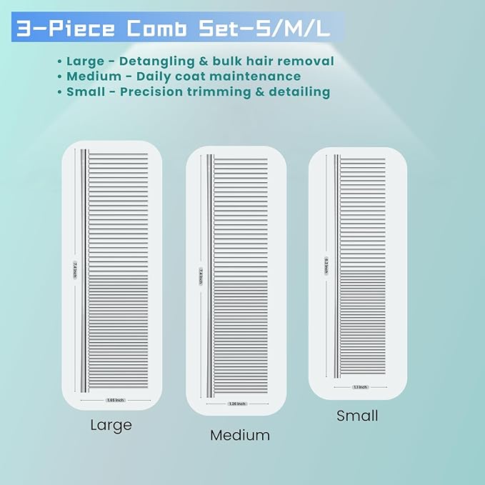 [3 Pack] Stainless Steel Pet Comb Set – Grooming Combs for Dogs & Cats, Large Medium Small Sizes – Detangler, Undercoat Rake, Flea Removal Tool for Long, Short, Curly Hair