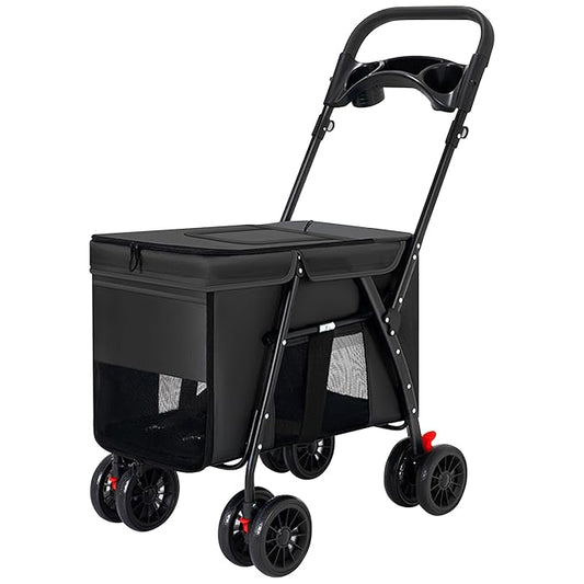 Pet Stroller,Foldable Dog Cat Cage Jogger Strolle,Extra Large 4 Wheels Carrier Jogger Travel Dog Stroller Breathable Mesh with Storage Basket and Cup Holder for Small Medium Dog Cats(Black)
