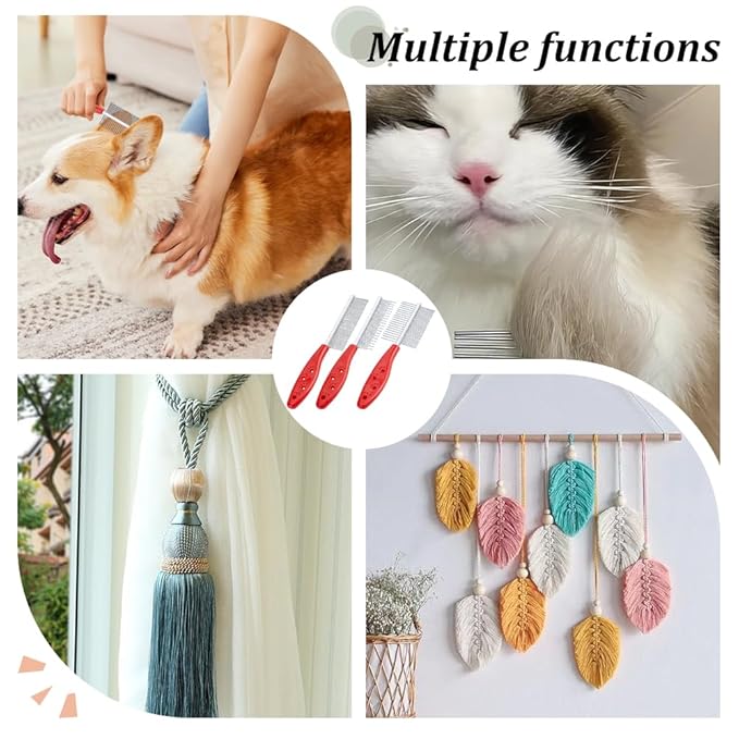 OLYCRAFT 3Pcs 3 Styles Stainless Steel Pet Combs Macrame Fringe Combs Pet Combs with Plastic Handle Metal Tassel Combs Pet Grooming Comb for Removing Tangles and Knots Grooming Tool Tassel Brush