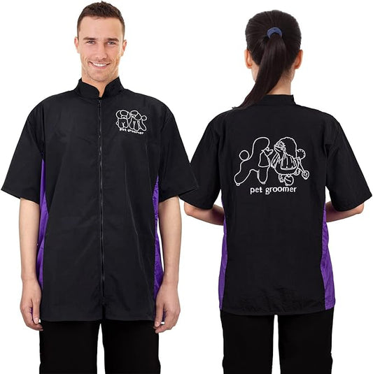 Noverlife Short Sleeves Pet Grooming Workwear With Full Zipper, XL Size, Anti-Static Beautician Smock, Lightweight Groomer Cosmetologist Uniforms Style Dog Cat Jacket for Men Women