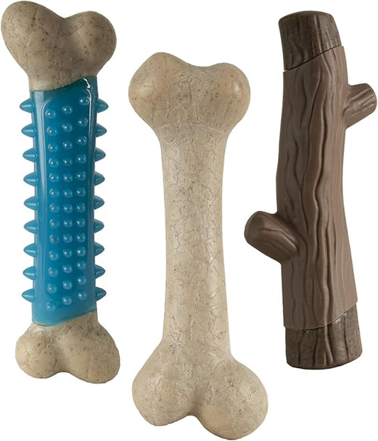Hero Bonetics 3 Pack Dog Bundle with Treat Bone - Promotes Healthy Teeth & Gums - Mint Dental Bone, Wood Scented Stick, Peanut Butter Femur Bone - for Medium Dogs