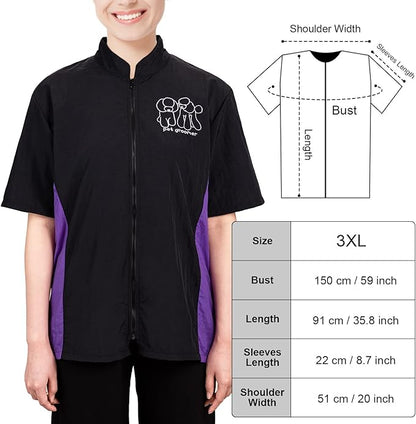 Noverlife Short Sleeves Pet Grooming Workwear With Full Zipper, 3XL Size, Anti-Static Beautician Smock, Lightweight Groomer Cosmetologist Uniforms Style Dog Cat Jacket for Men Women